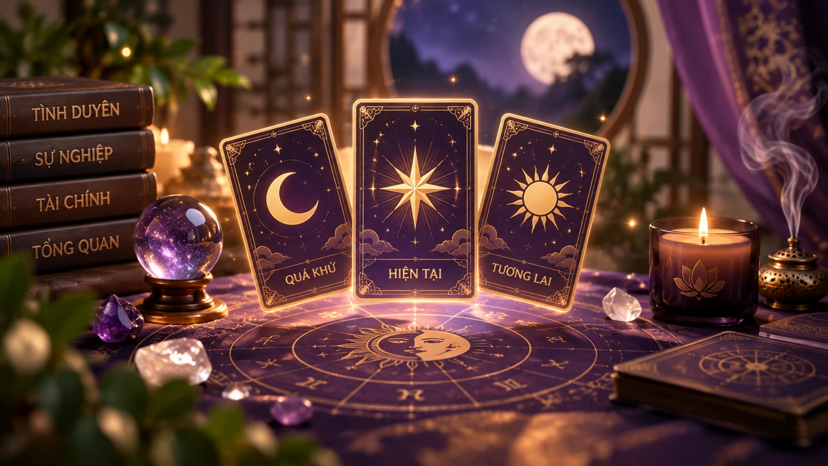 Trải bài Tarot 3 lá Quá Khứ – Hiện Tại – Tương Lai với biểu tượng trăng, sao, mặt trời, cùng quả cầu pha lê và sách Tình Duyên, Sự Nghiệp, Tài Chính, Tổng Quan